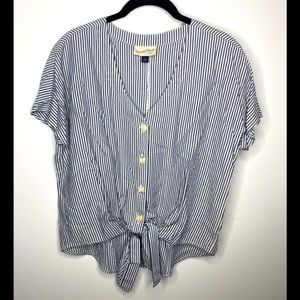 Gray and White Stripe Tie Front Short Sleeve Top